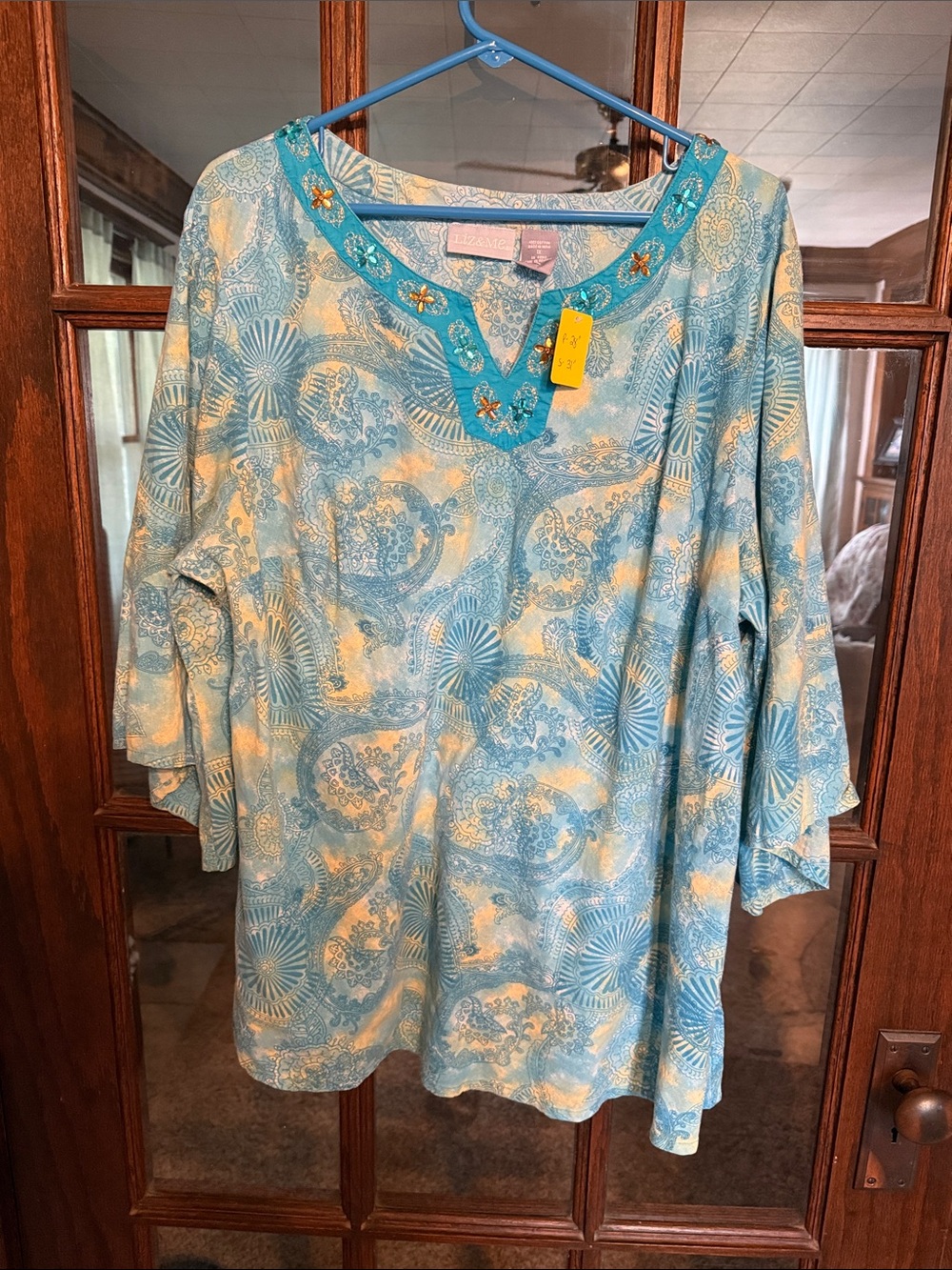 Liz Claiborne Turquoise and Cream Printed Tunic with Beaded Neckline
